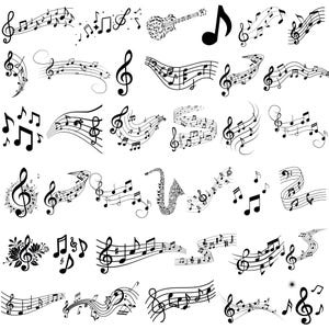 May include: A collection of black musical notes and symbols, including treble clefs, eighth notes, and quarter notes. Some musical notes are arranged in flowing lines, while others are isolated. A guitar and saxophone are also depicted using musical notes.