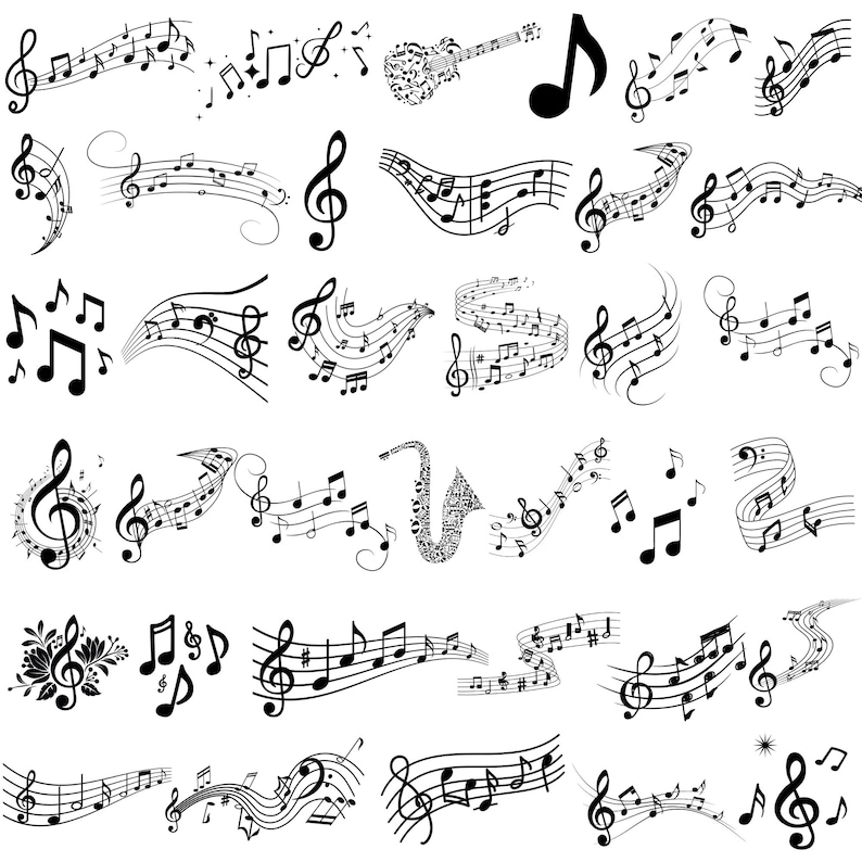 May include: A collection of black musical notes and symbols, including treble clefs, eighth notes, and quarter notes. Some musical notes are arranged in flowing lines, while others are isolated. A guitar and saxophone are also depicted using musical notes.