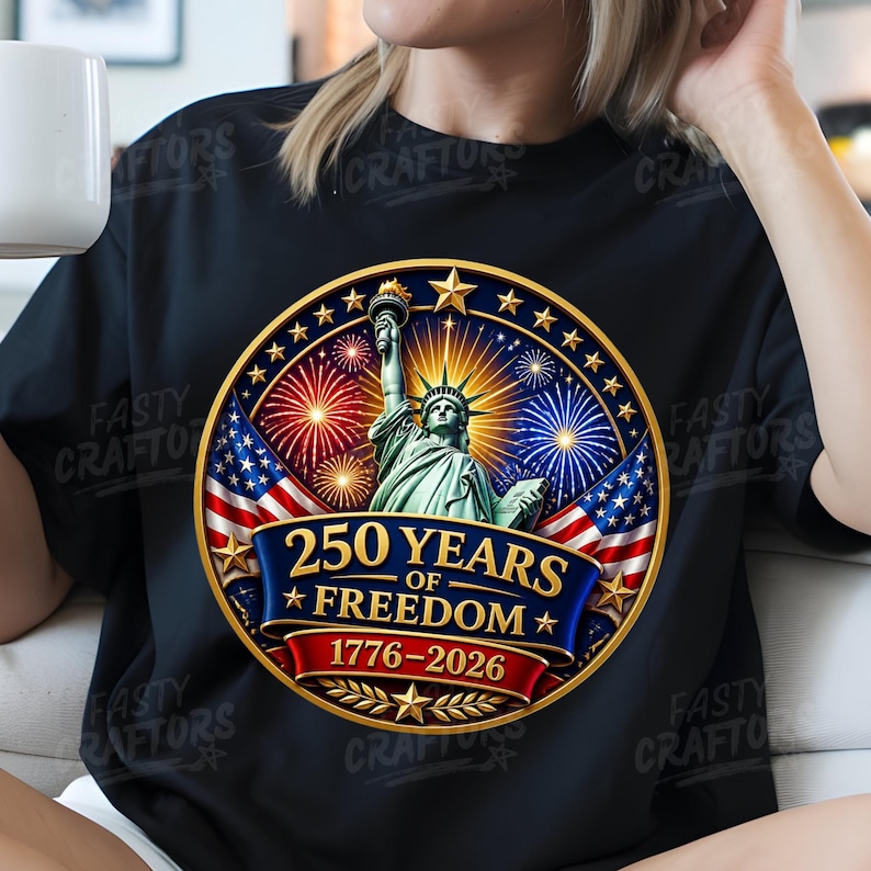 K&ouml;nnte beinhalten: Ein schwarzes T-Shirt mit einer kreisf&ouml;rmigen Grafik, die die Freiheitsstatue, Feuerwerk und amerikanische Flaggen zeigt. Der Text lautet 250 YEARS OF FREEDOM 1776-2026. Das Design enth&auml;lt goldene Akzente, Sterne und ein blaues Banner.