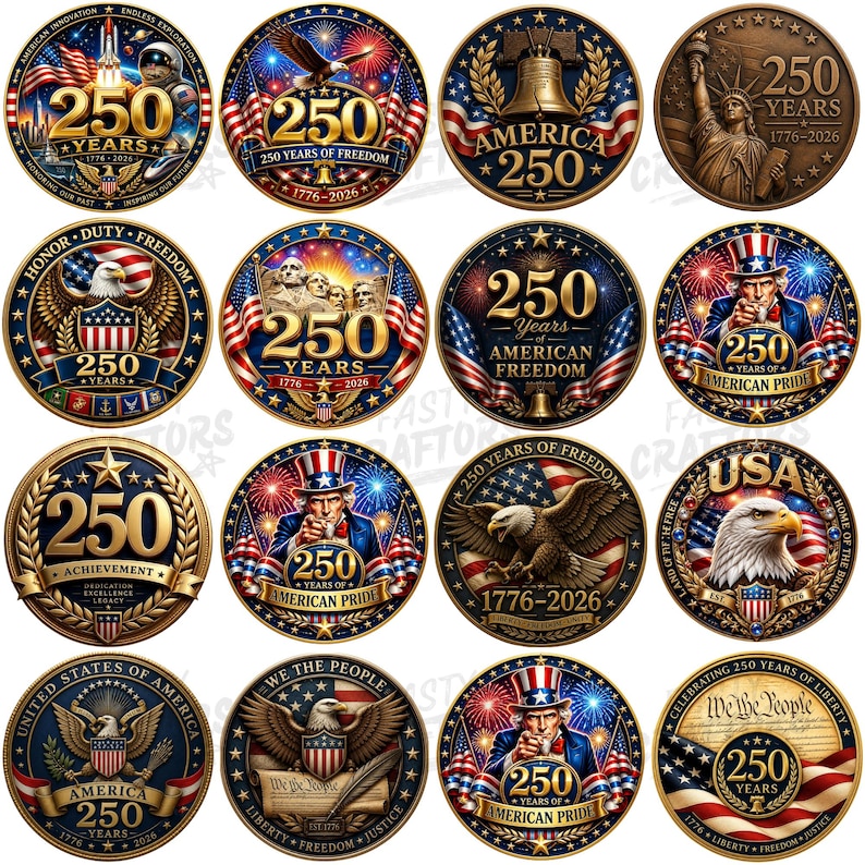 K&ouml;nnte beinhalten: Eine Sammlung von sechzehn kreisf&ouml;rmigen Gedenkemblemen mit patriotischen amerikanischen Motiven, darunter die Freiheitsstatue, Wei&szlig;kopfseeadler, Uncle Sam, die Liberty Bell, Mount Rushmore und der Text 250 Years 1776-2026 in Gold und Blau.