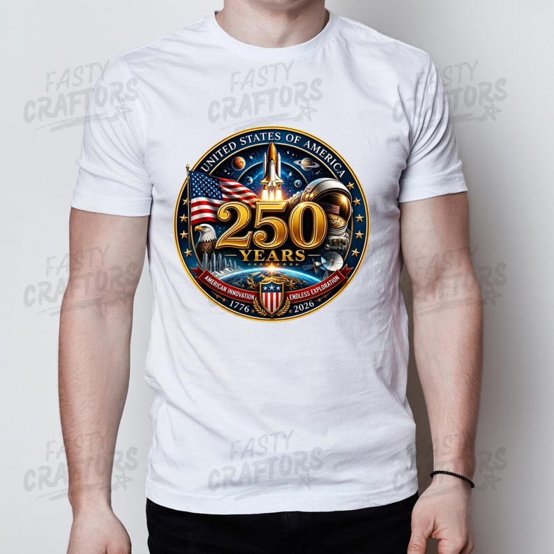 K&ouml;nnte beinhalten: Ein wei&szlig;es T-Shirt mit einem kreisf&ouml;rmigen Motiv und dem Text United States of America 250 Years 1776-2026. Das Design zeigt ein Space Shuttle, einen Astronautenhelm, eine amerikanische Flagge, einen Wei&szlig;kopfseeadler und ein Wappenschild.