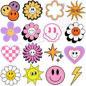 May include: A selection of vibrant, retro-style stickers showcasing smiley faces, flowers, hearts, stars, and a sun. The stickers are in a range of colours, including pink, yellow, orange, purple, and white, with black outlines. The overall theme is a groovy, vintage aesthetic.