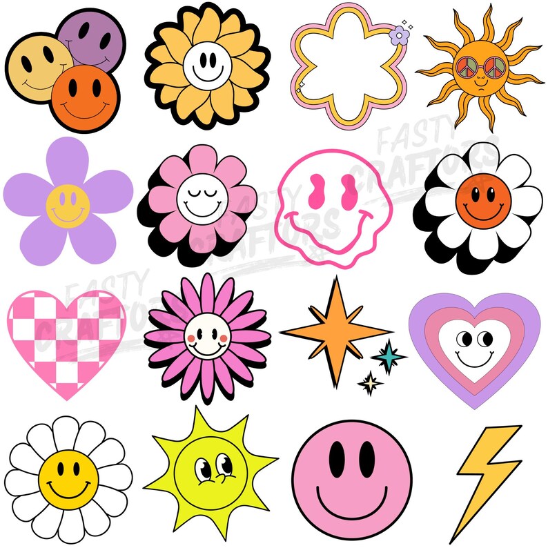 May include: A selection of vibrant, retro-style stickers showcasing smiley faces, flowers, hearts, stars, and a sun. The stickers are in a range of colours, including pink, yellow, orange, purple, and white, with black outlines. The overall theme is a groovy, vintage aesthetic.