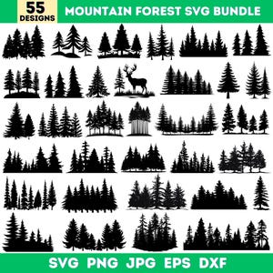May include: A collection of 55 black mountain forest designs in SVG format. The designs include various silhouettes of pine trees and forests, with the text "MOUNTAIN FOREST SVG BUNDLE" and file type options.