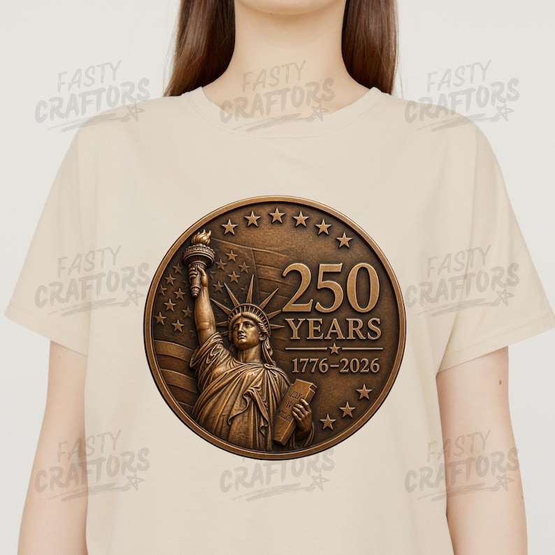 K&ouml;nnte beinhalten: Ein beiges T-Shirt mit einer kreisf&ouml;rmigen, bronzefarbenen Grafik der Freiheitsstatue. Das Design enth&auml;lt den Text 250 YEARS und 1776-2026, umgeben von Sternen und einem schwachen amerikanischen Flaggenhintergrund zur Feier des 250-j&auml;hrigen Jubil&auml;ums.