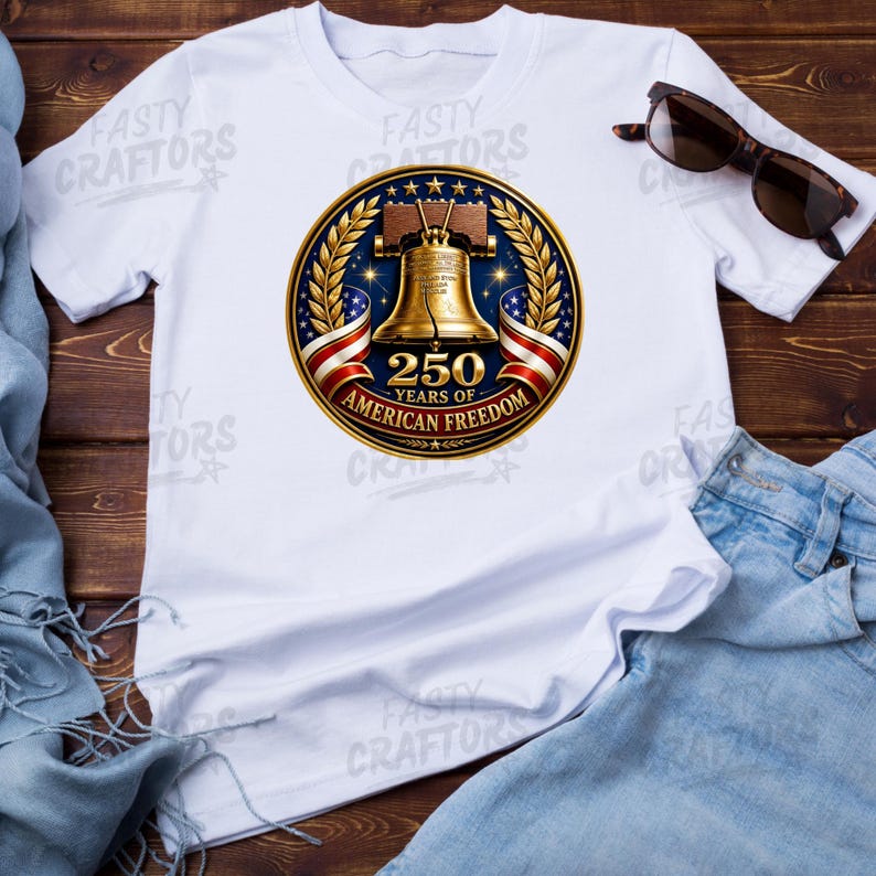 K&ouml;nnte beinhalten: Ein wei&szlig;es T-Shirt mit einem kreisf&ouml;rmigen Motiv einer goldenen Freiheitsglocke, umgeben von Lorbeerbl&auml;ttern und B&auml;ndern in den Farben der US-Flagge. Der Text 250 YEARS OF AMERICAN FREEDOM ist in Gold aufgedruckt. Eine dunkle Sonnenbrille liegt darauf.