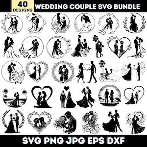 Pode incluir: Uma coleção de 40 designs SVG de casais de casamento em preto e branco. Os designs apresentam silhuetas de casais em várias poses, incluindo abraços, beijos e de mãos dadas. A imagem inclui o texto "WEDDING COUPLE SVG BUNDLE".