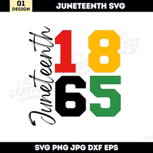 May include: A Juneteenth-themed graphic design. It features the word "Juneteenth" in a script font, and the numbers "1865" in red, yellow, black, and green. The design includes the file types SVG, PNG, JPG, DXF, and EPS.