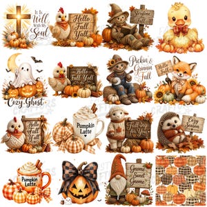 May include: A collection of digital illustrations featuring autumn themes including pumpkins, a cross with text, chickens, scarecrows, a ghost, a fox, a hedgehog, a lamb, gnomes, and mugs of pumpkin latte with various seasonal signs and text.
