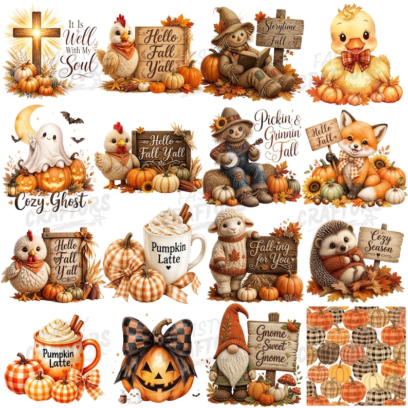May include: A collection of digital illustrations featuring autumn themes including pumpkins, a cross with text, chickens, scarecrows, a ghost, a fox, a hedgehog, a lamb, gnomes, and mugs of pumpkin latte with various seasonal signs and text.