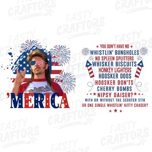 Op de afbeelding: Een patriottisch grafisch ontwerp met een persoon met een zonnebril en een hanenkam, met het woord "'MERICA" in rood, wit en blauw. Het ontwerp bevat vuurwerk en tekst, ter ere van de Amerikaanse cultuur.
