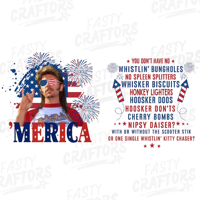 Op de afbeelding: Een patriottisch grafisch ontwerp met een persoon met een zonnebril en een hanenkam, met het woord "'MERICA" in rood, wit en blauw. Het ontwerp bevat vuurwerk en tekst, ter ere van de Amerikaanse cultuur.
