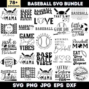 Może przedstawiać: Cyfrowy pakiet SVG z ponad 78 wzorami w tematyce baseballu. Czarno-biała grafika zawiera frazy takie jak "Baseball Mama", "Game Day Vibes" i "Eat Sleep Baseball Repeat". Idealny do projektów rzemieślniczych.