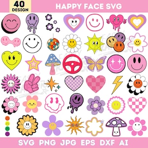 May include: A set of 40 retro-style designs with happy faces and other graphics. The designs include smiley faces, hearts, flowers, mushrooms, and a butterfly, in pink, yellow, orange, and purple. Text at the top reads "HAPPY FACE SVG".