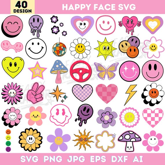 40 Happy Face Svg Bundle, Retro Svg, Smiley Face Svg Png, Groovy Svg, Trendy Svg, Smiley Face Emoji Svg, Silhouette Svg, Instant Download