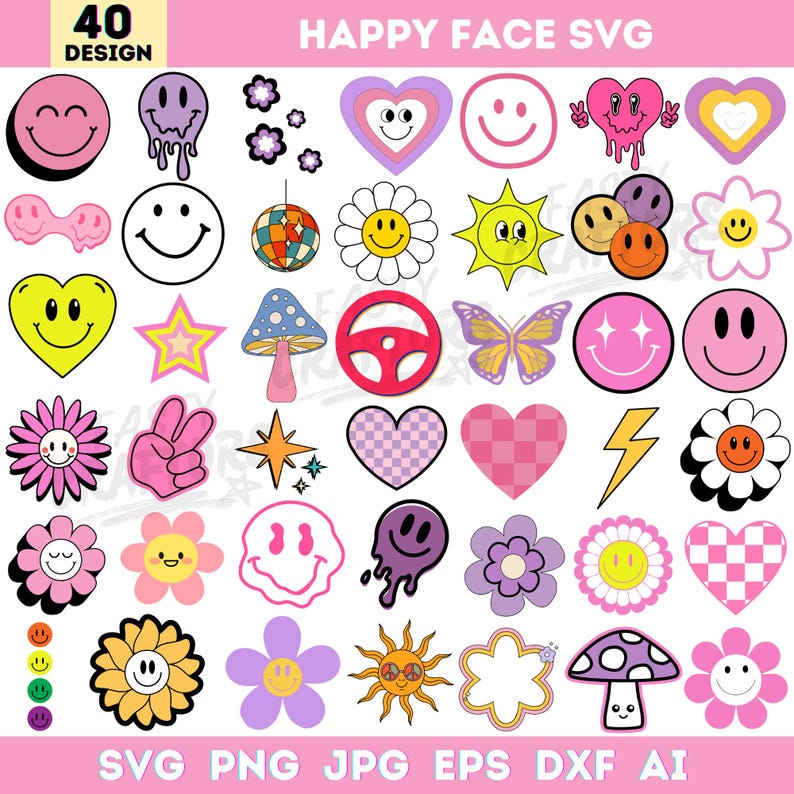 May include: A set of 40 retro-style designs with happy faces and other graphics. The designs include smiley faces, hearts, flowers, mushrooms, and a butterfly, in pink, yellow, orange, and purple. Text at the top reads "HAPPY FACE SVG".