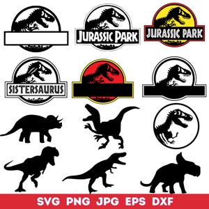 May include: A collection of black dinosaur silhouettes and logos, including the text "Jurassic Park" and "Sistersaurus". The logos feature a dinosaur head within a circle. The bottom of the image has the text "SVG PNG JPG EPS DXF".