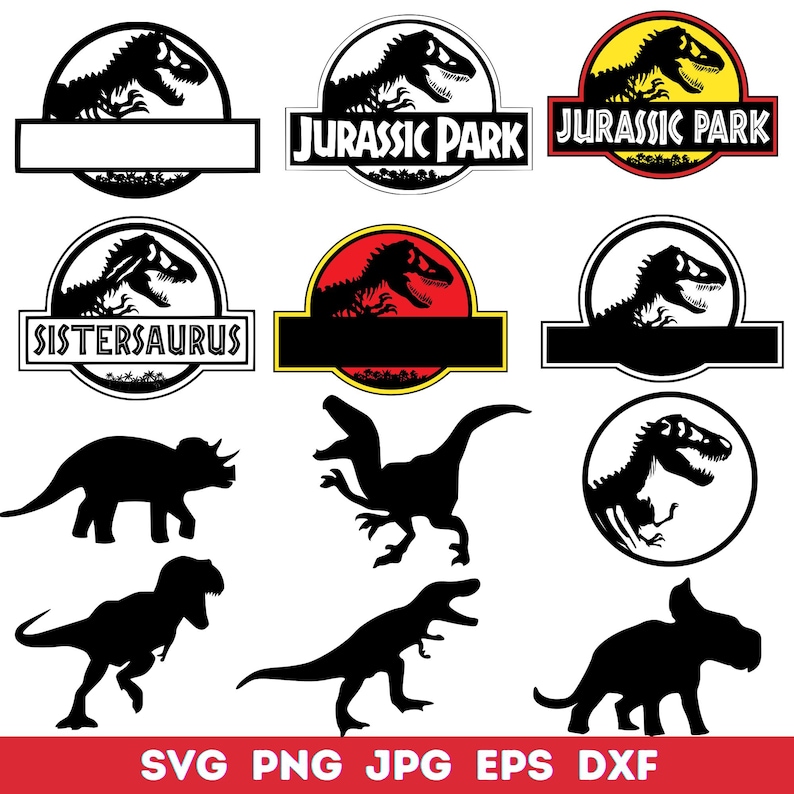 May include: A collection of black dinosaur silhouettes and logos, including the text "Jurassic Park" and "Sistersaurus". The logos feature a dinosaur head within a circle. The bottom of the image has the text "SVG PNG JPG EPS DXF".