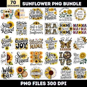 Może przedstawiać: Pakiet grafiki cyfrowej z 70 wzorami słoneczników. Kolekcja zawiera różne grafiki z tekstami takimi jak "Be the Sunshine", "Choose Joy" i "Sun Kissed". Projekty zawierają słoneczniki, motyle i elementy dekoracyjne.