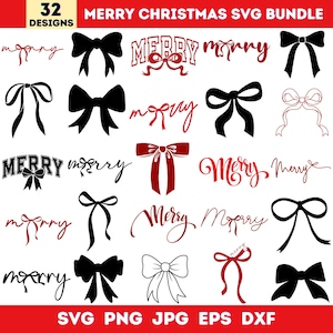 Könnte beinhalten: Eine Sammlung von 32 Weihnachts-SVG-Designs. Die Designs zeigen verschiedene Schleifen in Schwarz und Rot, sowie die Worte "Merry Christmas" in verschiedenen Schriftarten. Die Bildformate sind: SVG, PNG, JPG, EPS und DXF.
