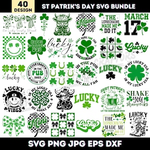 Puede incluir: Un paquete de diseños digitales SVG con 40 diseños temáticos del Día de San Patricio. Los diseños incluyen tréboles, duendes y texto como "Lucky", "March 17" y "Happy St. Patrick's Day". Los diseños son en verde y negro.
