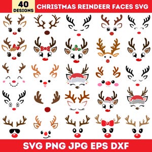 May include: A collection of 40 Christmas reindeer face designs in various styles. Each design features antlers, a red nose, and different facial expressions. The image includes text that says "Christmas Reindeer Faces SVG" and file type options.