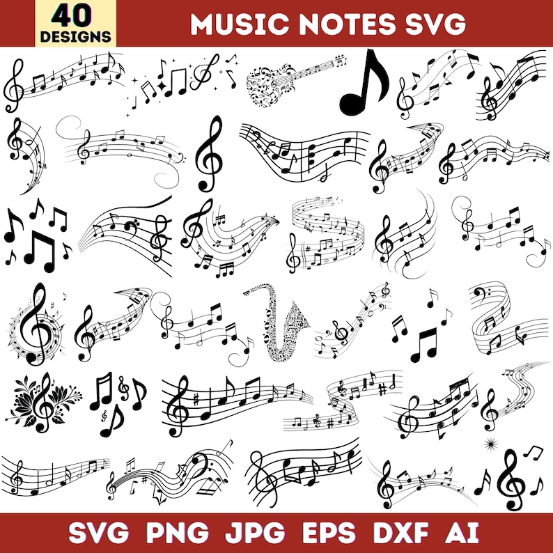 May include: A collection of 40 black and white music note designs, including treble clefs, musical staffs, and individual notes. The image includes the text "MUSIC NOTES SVG" and file type options.