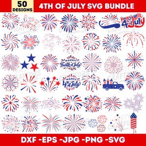 May include: A digital collection of 50 red, white, and blue graphic designs featuring various firework bursts, stars, and text elements like Happy 4th of July. The bundle includes illustrations of a truck, rockets, and festive holiday typography.