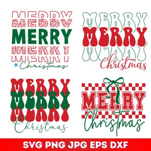 Puede incluir: Cuatro dise&ntilde;os navide&ntilde;os con las palabras "Merry Christmas" en varias fuentes y colores. Los dise&ntilde;os incluyen patrones rojos, verdes y de leopardo. La parte inferior de la imagen muestra "SVG PNG JPG EPS DXXF".