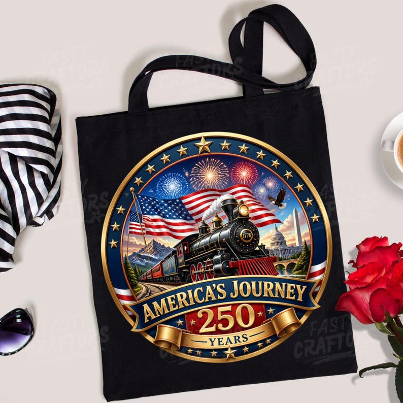 K&ouml;nnte beinhalten: Eine schwarze Tragetasche mit einem kreisf&ouml;rmigen Motiv, das eine Dampflokomotive, eine amerikanische Flagge, Feuerwerk und den Text America's Journey 250 Years zeigt. Das Design umfasst einen goldenen Rand mit Sternen und ein Regierungsgeb&auml;ude.