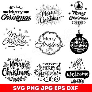 May include: A collection of black and white Christmas-themed designs. The designs include the text "Merry Christmas" in various fonts and styles, along with festive elements like snowflakes, ornaments, and a sleigh. The bottom of the image displays file format options.