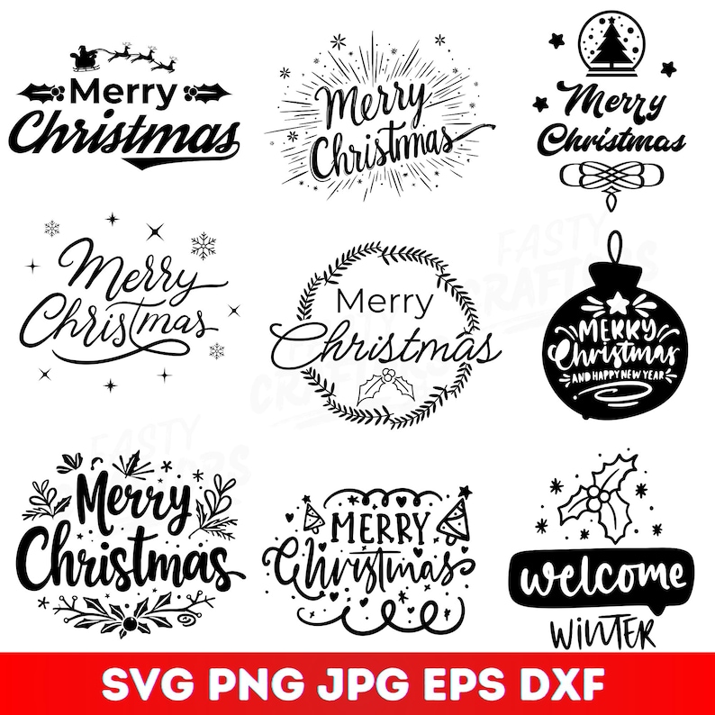May include: A collection of black and white Christmas-themed designs. The designs include the text "Merry Christmas" in various fonts and styles, along with festive elements like snowflakes, ornaments, and a sleigh. The bottom of the image displays file format options.