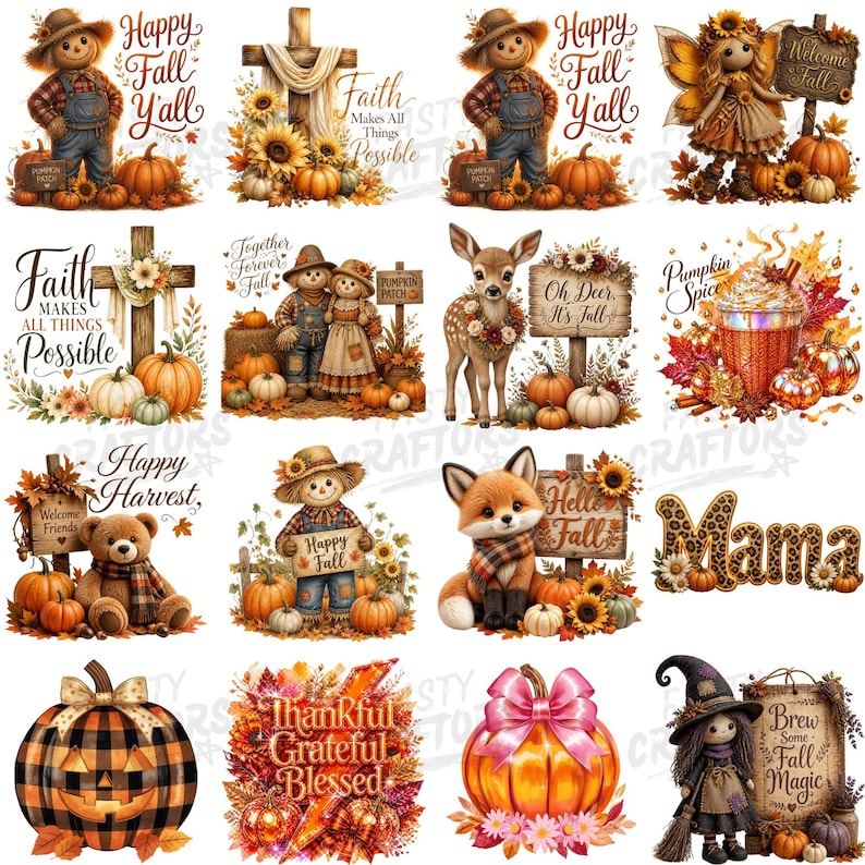 May include: A collection of sixteen autumn-themed digital illustrations featuring scarecrows, pumpkins, a deer, a fox, a teddy bear, a witch, and floral arrangements with text including Happy Fall Y'all, Faith Makes All Things Possible, and Pumpkin Spice.