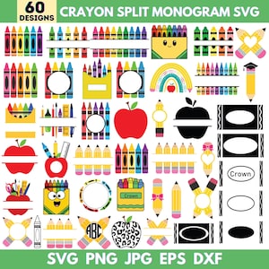 May include: A collection of 60 crayon-themed split monogram designs in SVG, PNG, JPG, EPS, and DXF formats. The designs include crayons, pencils, apples, and other school-related elements in various colors. The text "CRAYON SPLIT MONOGRAM SVG" is at the top.