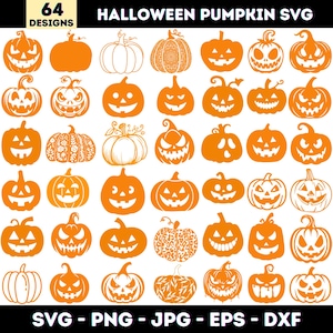 May include: A collection of 64 orange Halloween pumpkin designs in various styles, including carved faces and decorative patterns. The image includes the text "HALLOWEEN PUMPKIN SVG" and file format options: SVG, PNG, JPG, EPS, and DXF.