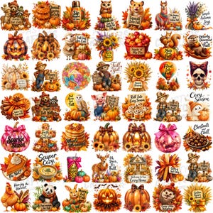 May include: A collection of autumn-themed digital illustrations featuring pumpkins, woodland animals, fall foliage, sunflowers, and seasonal food items, each accompanied by various festive phrases and decorative elements in a vibrant colour palette.