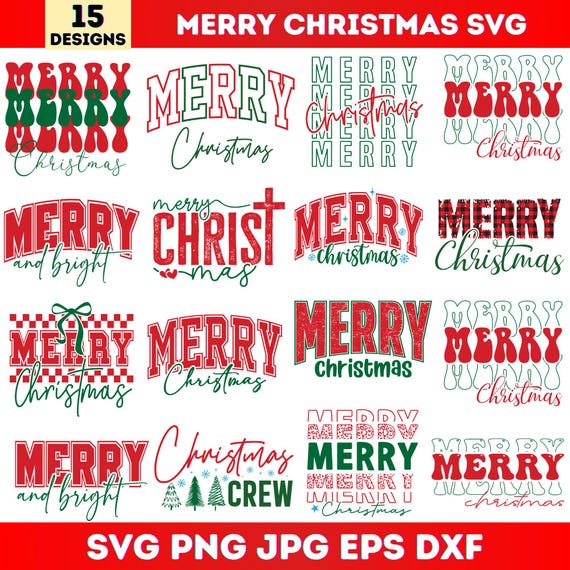 Merry Christmas Text Svg Bundle, Christmas Quote Svg, Holiday Lettering Svg Designs, Cricut Silhouette Cut Files, Instant Download