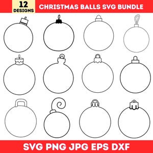 May include: A black and white image featuring 12 Christmas ball designs. The text "12 DESIGNS" is in the upper left corner, and "CHRISTMAS BALLS SVG BUNDLE" is at the top. The bottom of the image displays "SVG PNG JPG EPS DXF".