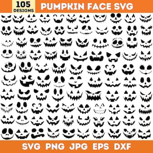 Puede incluir: Una colección de 105 diseños de caras de calabaza en blanco y negro en formatos SVG, PNG, JPG, EPS y DXF. Los diseños presentan diversas expresiones talladas, ideales para proyectos de Halloween.