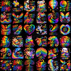 May include: A collection of thirty colorful graphic designs featuring rainbow-themed animals, plants, and objects with inspirational text like Love Is Love, Flow With Pride, Hugs For Everyone, Lifted By Love, and Grow With Pride on a black background.