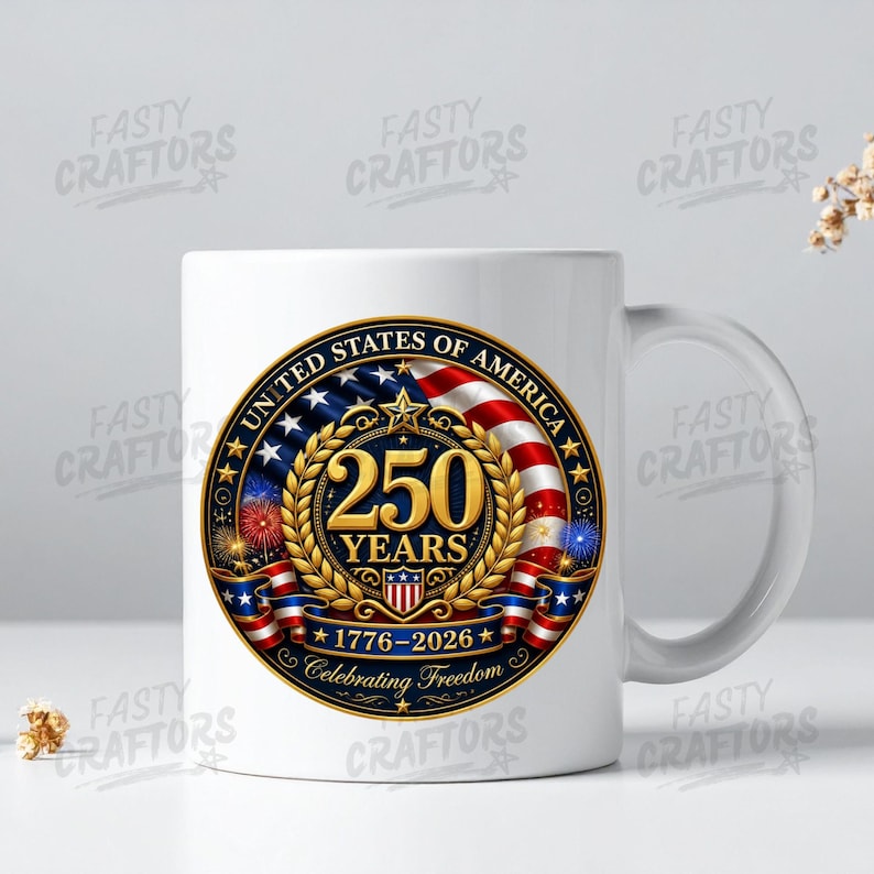 K&ouml;nnte beinhalten: Ein wei&szlig;er Keramikbecher mit einem kreisf&ouml;rmigen Emblem mit dem Text United States of America, 250 Years, 1776-2026 und Celebrating Freedom. Das Design umfasst einen goldenen Lorbeerkranz, ein rot-wei&szlig;-blaues Flaggenmotiv und ein Feuerwerk.