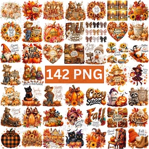 May include: A digital collection of 142 PNG files featuring autumn-themed illustrations including pumpkins, sunflowers, woodland animals, ghosts, scarecrows, and seasonal text like Cozy Season, Fall Vibes, and Happy Fall.