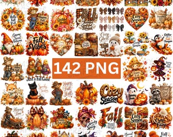 May include: A digital collection of 142 PNG files featuring autumn-themed illustrations including pumpkins, sunflowers, woodland animals, ghosts, scarecrows, and seasonal text like Cozy Season, Fall Vibes, and Happy Fall.