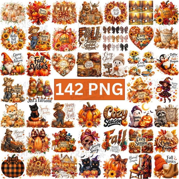 Fall PNG Bundle 140+ Designs, Autumn PNG Bundle, Pumpkin Season PNG, Coquette Bow, Retro Thanksgiving, Cute Goose, Boho Fall Sublimation