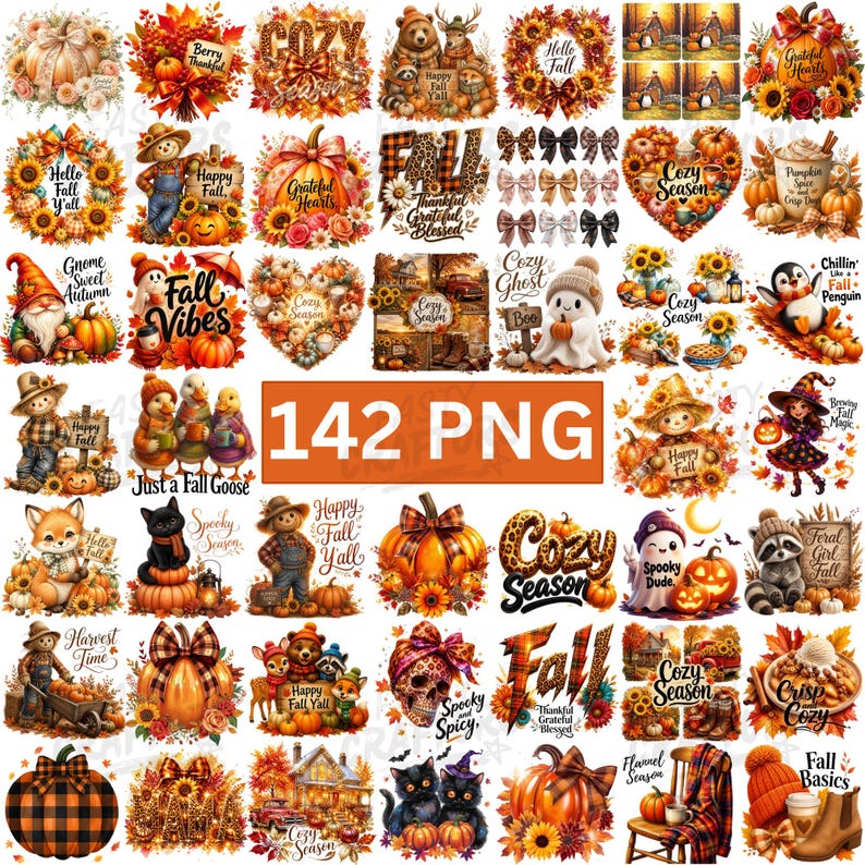 May include: A digital collection of 142 PNG files featuring autumn-themed illustrations including pumpkins, sunflowers, woodland animals, ghosts, scarecrows, and seasonal text like Cozy Season, Fall Vibes, and Happy Fall.