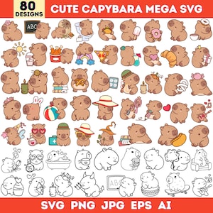 May include: A collection of 80 cute capybara designs in various poses and with different accessories. The image includes the text "CUTE CAPYBARA MEGA SVG" and file type options: SVG, PNG, JPG, EPS, and AI. The capybaras are in a cartoon style.