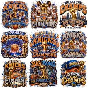 以下が含まれることがあります： 2026年NBAチャンピオンとしてのニューヨーク・ニックスをフィーチャーした9つのグラフィックデザインのコレクション。各デザインには、バスケットボール、チャンピオンシップトロフィー、都市のスカイライン、および「New York Knicks」、「2026 NBA Champions」、「Big Bong」などのテキストが組み込まれています。