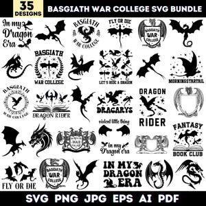 Puede incluir: Una colección de 35 diseños negros con temática de dragones, incluyendo textos como "Basgiath War College", "In My Dragon Era" y "Dragon Rider". Los diseños están disponibles en formatos SVG, PNG, JPG, EPS, AI y PDF.