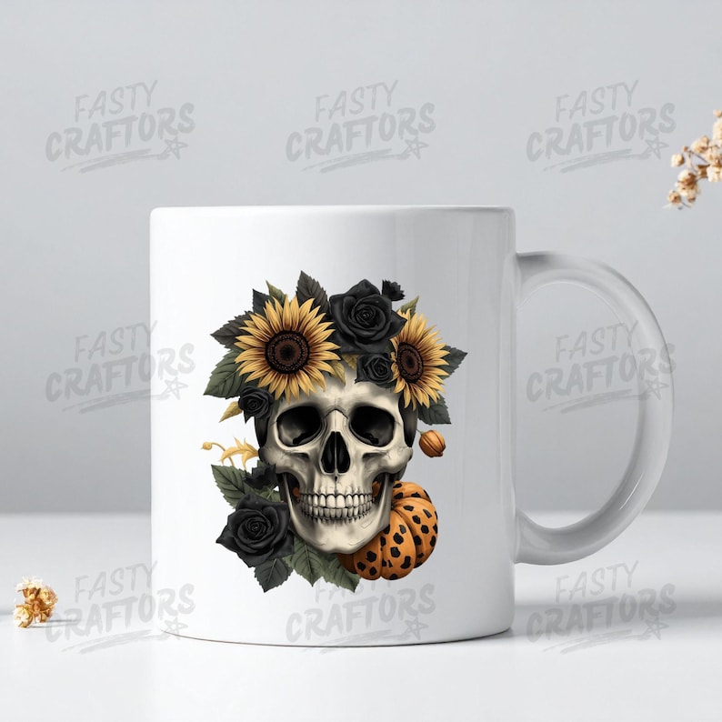 May include: A white ceramic mug featuring a graphic illustration of a human skull adorned with yellow sunflowers, black roses, and a small orange pumpkin with black spots. The design is centred on the front of the mug, which has a handle.