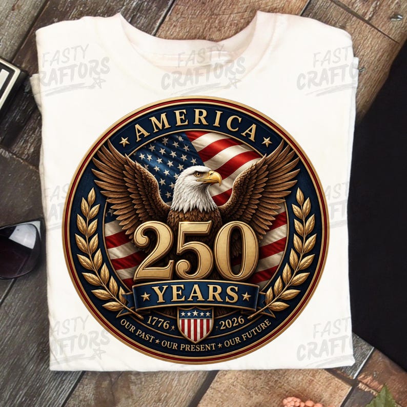 K&ouml;nnte beinhalten: Ein wei&szlig;es T-Shirt mit einer kreisf&ouml;rmigen Grafik, die einen Wei&szlig;kopfseeadler, die amerikanische Flagge und den Text AMERICA 250 YEARS zeigt. Das Design enth&auml;lt die Jahreszahlen 1776 und 2026, ein kleines Schild und den Schriftzug OUR PAST OUR PRESENT OUR FUTURE.